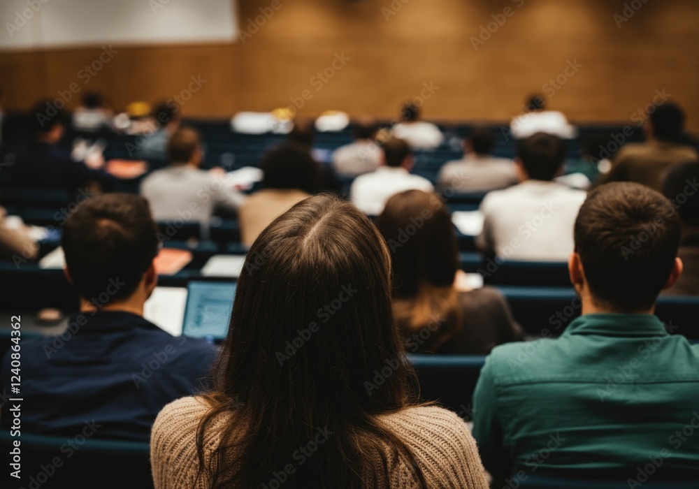Fototapeta premium University lecture hall with diverse students attentively listening to a presentation in a classroom setting