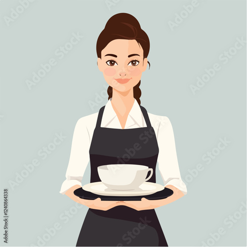 Illustration of a waitress. Beautiful woman waitress. Waitress with a tray in her hands.