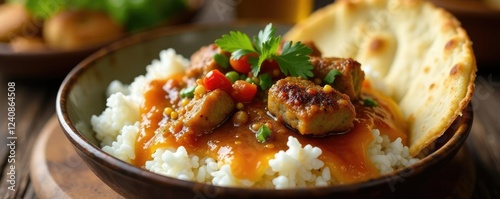 White rice bowl with crispy fried garlic and garlicky sauce topped with veal pieces and flatbread, saucy, arabic photo