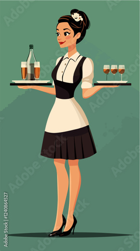 Illustration of a waitress. Beautiful woman waitress. Waitress with a tray in her hands.