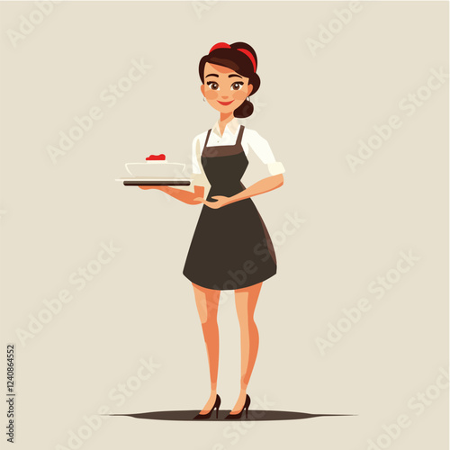 Illustration of a waitress. Beautiful woman waitress. Waitress with a tray in her hands.