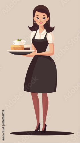 Illustration of a waitress. Beautiful woman waitress. Waitress with a tray in her hands.