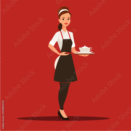 Illustration of a waitress. Beautiful woman waitress. Waitress with a tray in her hands.