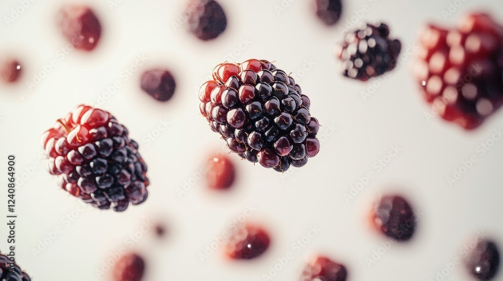 Fresh Blackberries Floated in Air with Blurred Background Fresh Blackberries Floated in Air with Blurred Background