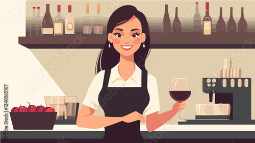 Illustration of a waitress. Beautiful woman waitress. Waitress with a tray in her hands.