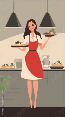 Illustration of a waitress. Beautiful woman waitress. Waitress with a tray in her hands.