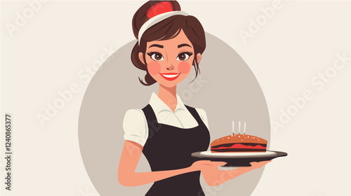 Illustration of a waitress. Beautiful woman waitress. Waitress with a tray in her hands.