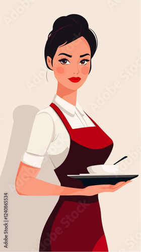 Illustration of a waitress. Beautiful woman waitress. Waitress with a tray in her hands.