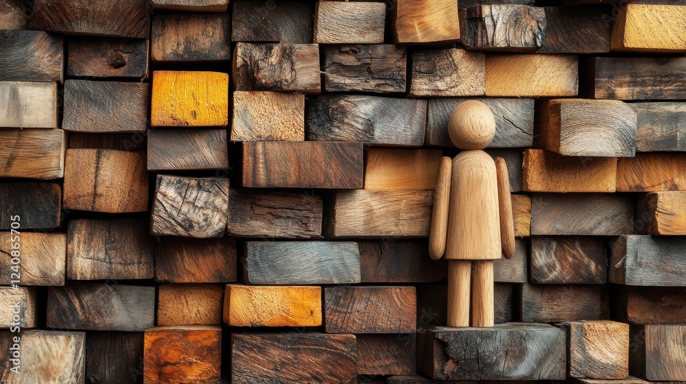 Wooden Figure Stands Against a Background of Textured Wooden Blocks Wooden Figure Stands Against a Background of Textured Wooden Blocks