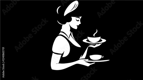 Black and white illustration of a waitress. Beautiful woman waitress. Waitress with a tray in her hands.