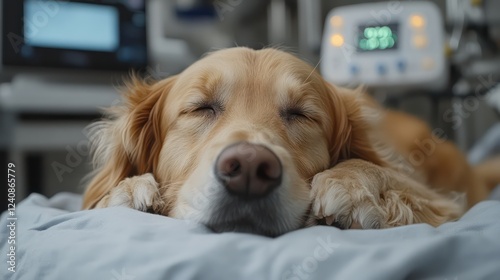Dog sleeps in veterinary clinic after surgery. Emergency for pet