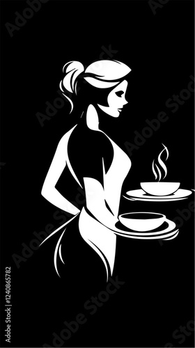 Black and white illustration of a waitress. Beautiful woman waitress. Waitress with a tray in her hands.