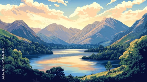 Lake District England Poster Illustration Travel Print Decor Gift Paper Canvas Wall Retro Art photo