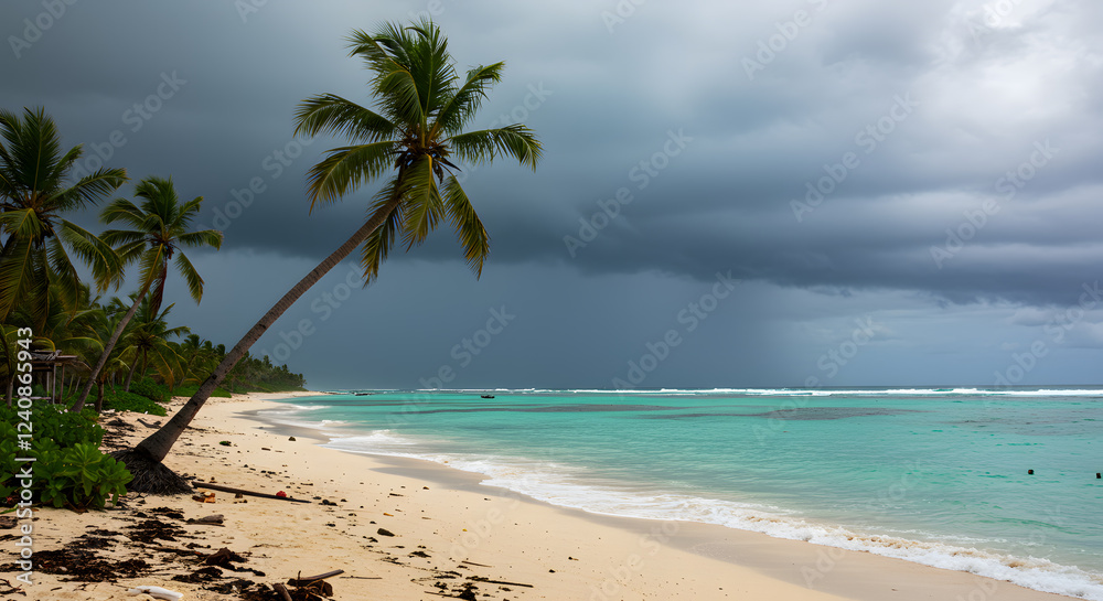 Naklejka premium Tropical Beach Scene Under a Dramatic Stormy Sky: Palm Trees, Turquoise Waters, and a Sandy Shore