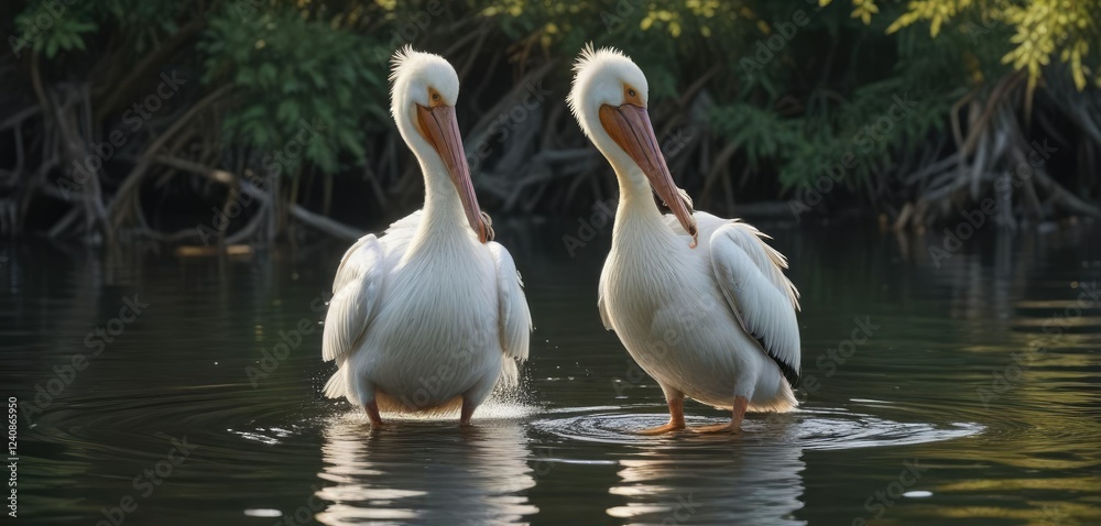 White pelican standing gracefully in the water, bird, aquatic, feathers White pelican standing gracefully in the water, bird, aquatic, feathers
