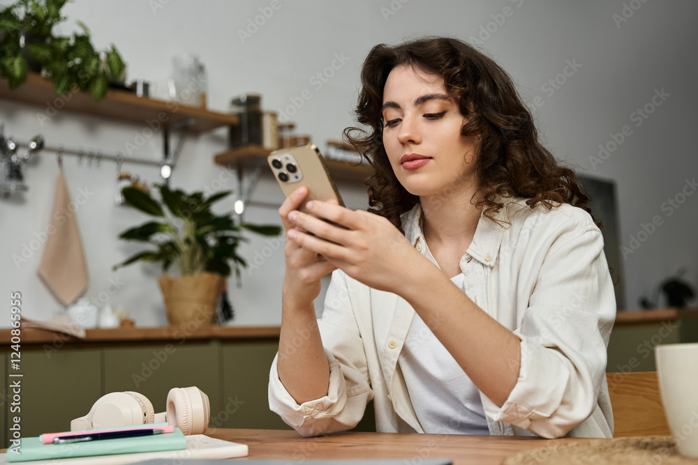 Young woman relaxing at home, engaging with her smartphone while enjoying a tranquil moment Young woman relaxing at home, engaging with her smartphone while enjoying a tranquil moment