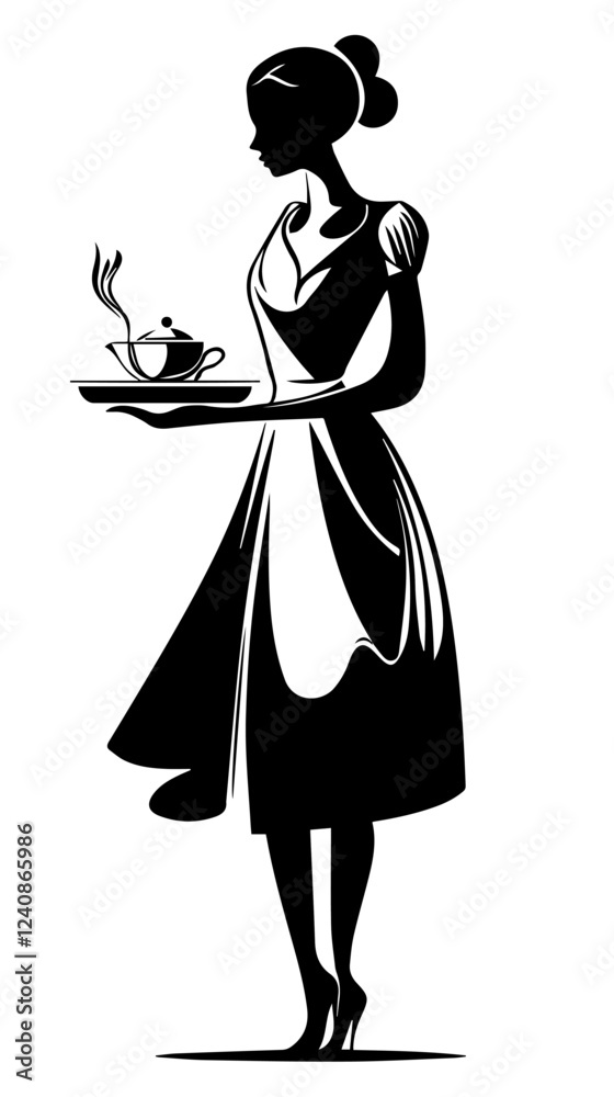 Black and white illustration of a waitress. Beautiful woman waitress. Waitress with a tray in her hands. Black and white illustration of a waitress. Beautiful woman waitress. Waitress with a tray in her hands.