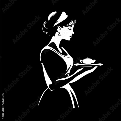 Black and white illustration of a waitress. Beautiful woman waitress. Waitress with a tray in her hands.