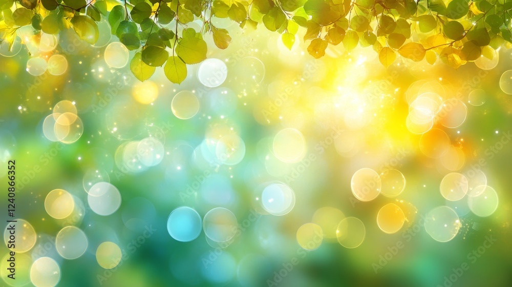 Fototapeta premium Defocused springtime foliage with sparkling bokeh, bright sunshine highlights natural background.