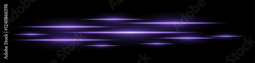 Glowing light streaks on a black background. Horizontal purple light trails creating a motion effect. Abstract speed, energy, and futuristic design element. Digital effects, technology, sci-fi themes