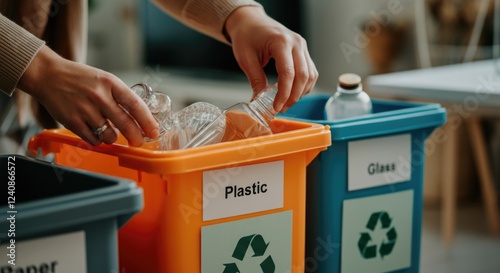 Hands sorting glass and plastic in colorful recycling bins for waste management. Sustainable living at home