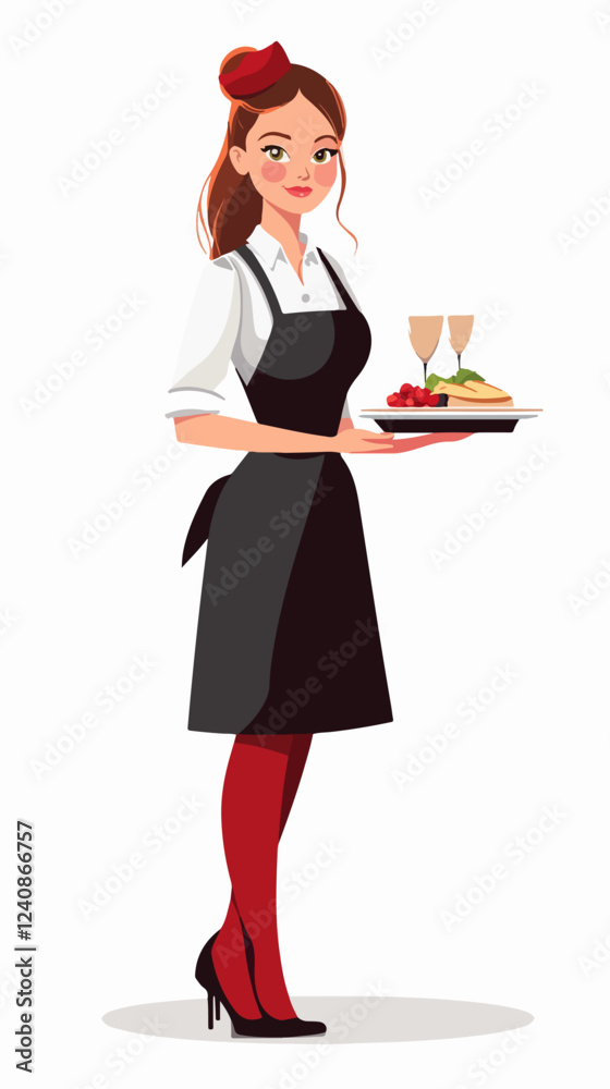Illustration of a waitress. Beautiful woman waitress. Waitress with a tray in her hands. Illustration of a waitress. Beautiful woman waitress. Waitress with a tray in her hands.