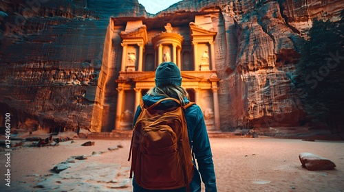 Woman admires Petra's Treasury, Jordan. Travel, adventure background photo