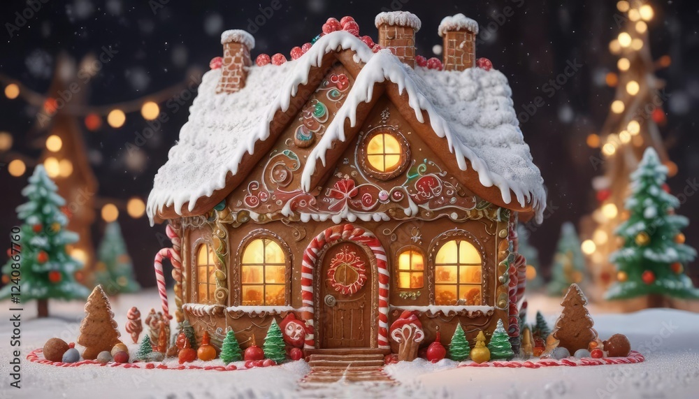 Fototapeta premium Whimsical gingerbread house with icing snow and festive decorations, icing, sweet treats