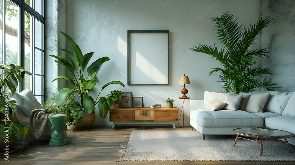 Fototapeta premium Modern Living Room Tropical Plants and Wooden Furniture, Cozy Sofa for Palm Decor Style.