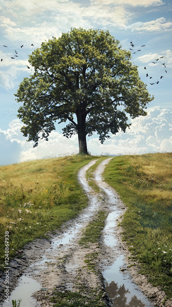 Solitary Oak Tree on Hilltop Path, Serene Countryside Landscape Solitary Oak Tree on Hilltop Path, Serene Countryside Landscape