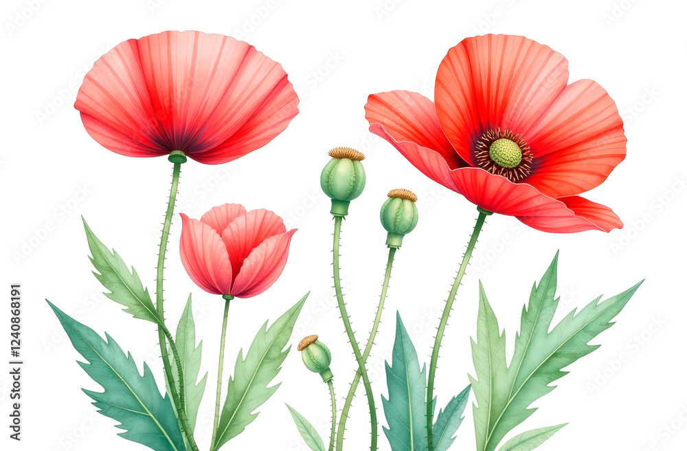 Obraz premium Watercolor illustration of a poppy flower isolated on a white background. Botanical illustration of a red poppy for packaging design, postcards.
