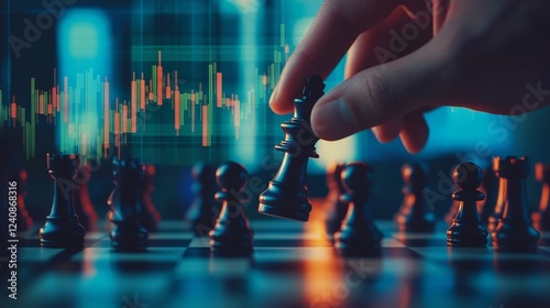Strategic chess move in business environment close-up analysis of a hand on chess piece dynamic financial graphs urban setting concept of competition