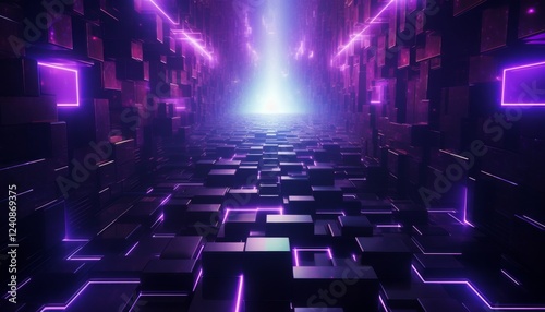 Glowing cubes and neon light tunnel digital illustration.