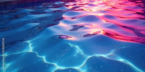 Waves in a pool with a colorful spectrum at the bottom, purple, colors, surfacing