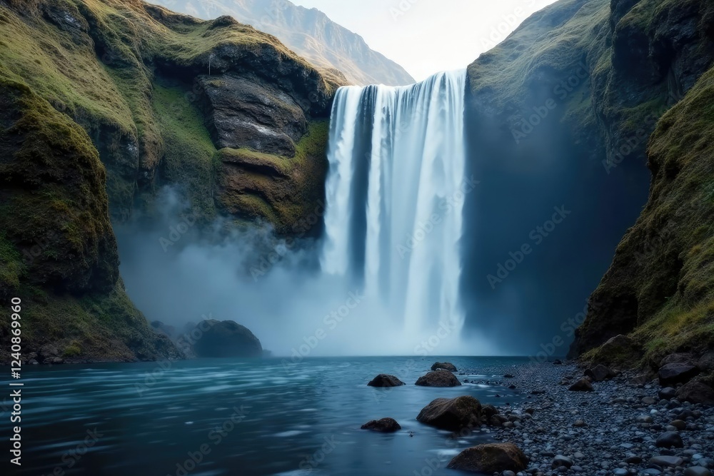 Fototapeta premium Waterfall flows over rocky terrain with mist veil, waterfall, rocky, rock