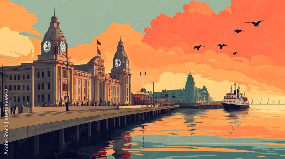 Obraz premium Liverpool United Kingdom Poster Illustration Travel Print Decor Gift Paper Canvas Wall Retro