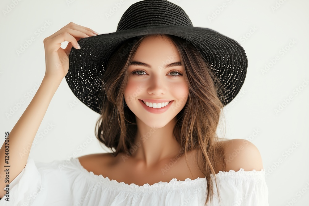 Joyful Summer Vibes A woman in a charming straw hat beams with happiness, embracing the suns warmth, symbolizing endless enjoyment and happiness by the ocean during the sunny season Joyful Summer Vibes A woman in a charming straw hat beams with happiness, embracing the suns warmth, symbolizing endless enjoyment and happiness by the ocean during the sunny season