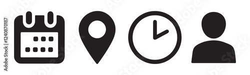 Set of Black Icon Illustrations Representing Time Date Location and Person. vector art design

