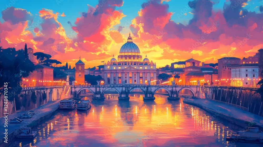 Fototapeta premium St. Peter Basilica in Rome Poster Ilustration Travel Print Decor Gift Paper Canvas Wall Retro Art