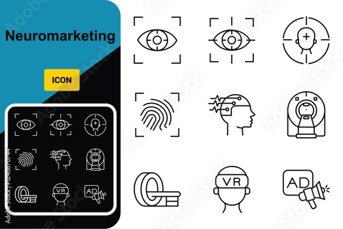 Neuromarketing icon Line Icon Set, Editable Stroke. Eye Tracking, Gaze, Pupillometry, Facial, Coding, Biometric, Vr, Strategy.