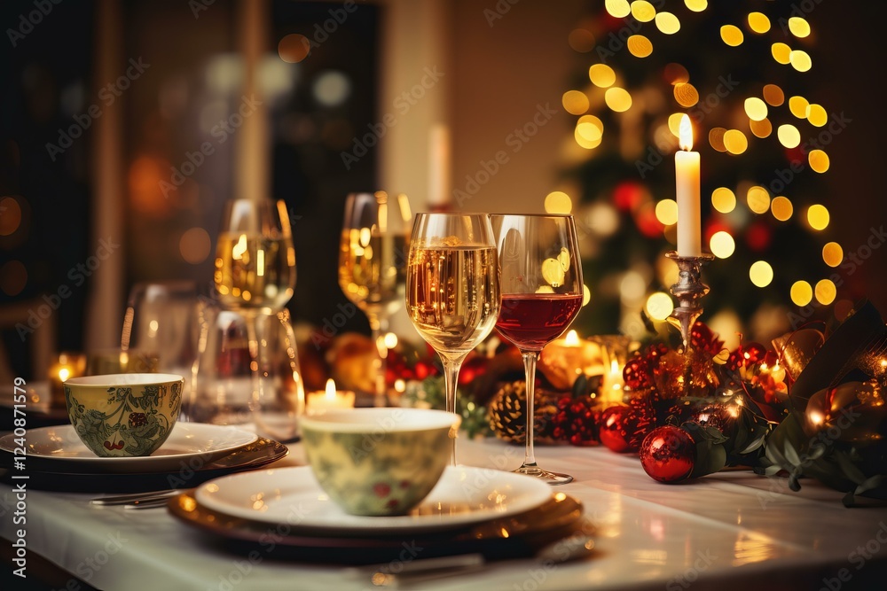 Elegant christmas table setting with wine glasses, candles, and festive ornaments, creating a warm and inviting holiday ambiance Elegant christmas table setting with wine glasses, candles, and festive ornaments, creating a warm and inviting holiday ambiance