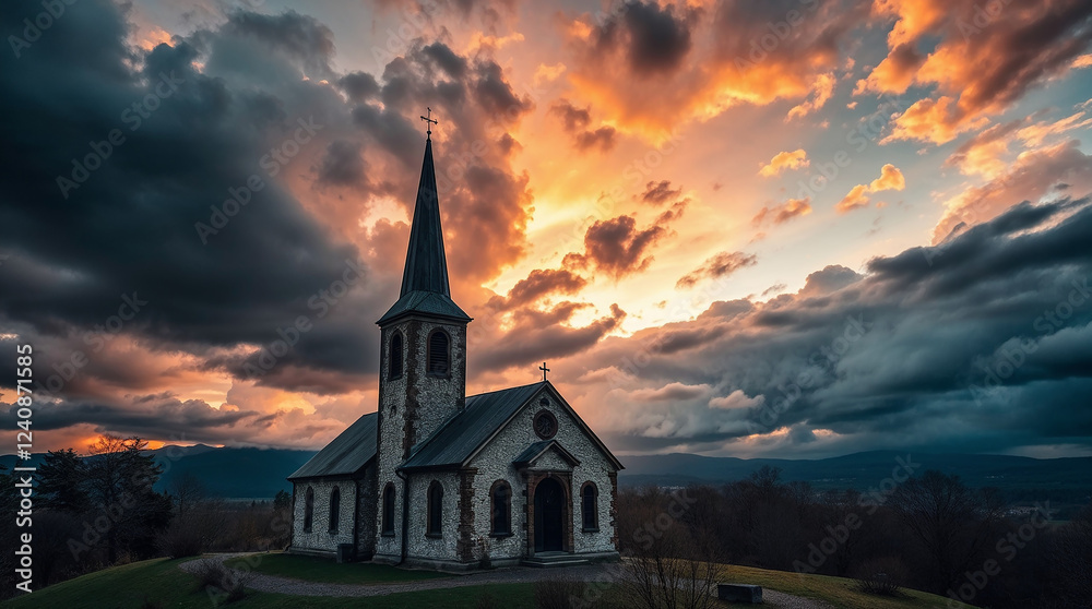 Obraz premium Lonely church standing on a hill at sunset with dramatic sky