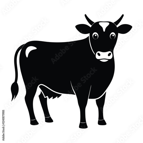 Black Cow Silhouette Vector, Cute Black cartoon Cow Illustration