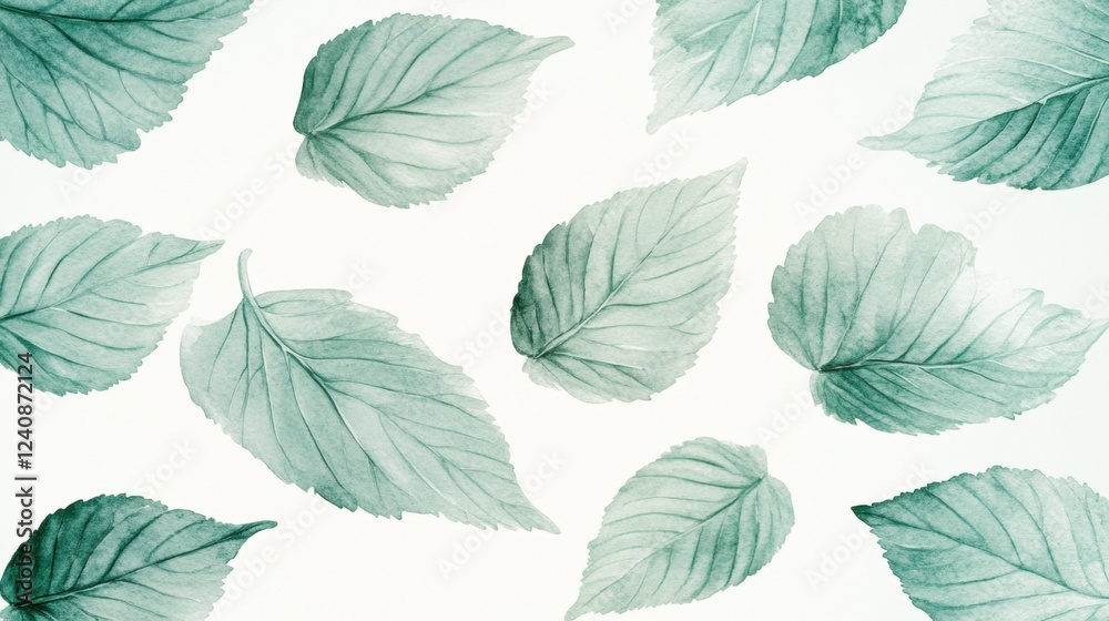 Obraz premium Elegant Green Leaf Patterns on a Soft White Background