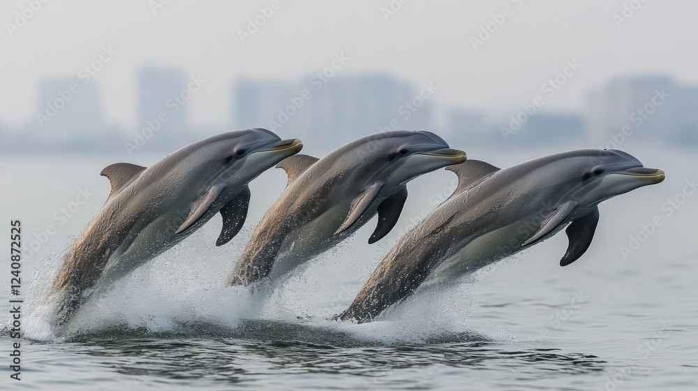 Obraz premium Dolphins leaping gracefully above ocean surface during daytime