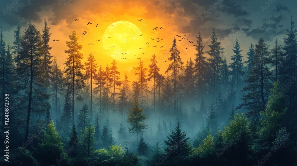 Obraz premium Misty Forest At Sunset With A Large Yellow Moon And Flying Birds.