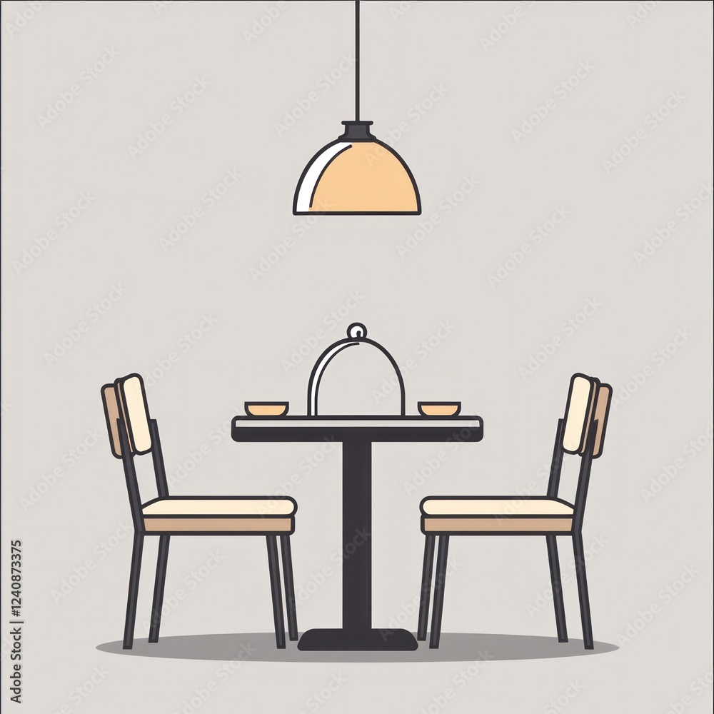 Simple cafe table setting, two chairs, pendant light, minimal background, restaurant menu Simple cafe table setting, two chairs, pendant light, minimal background, restaurant menu
