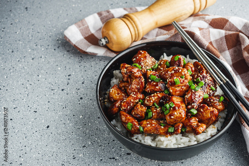 delicious juicy Japanese teriyaki chicken on rice on a gray background