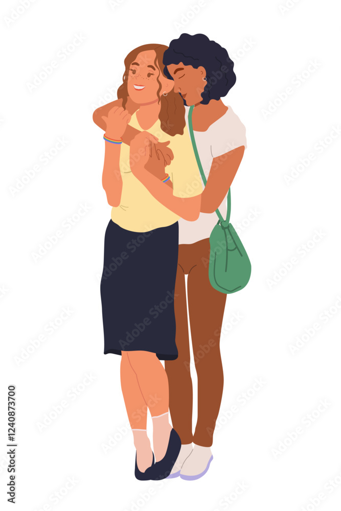 Young couple in love, happy lesbian lovers hugging. Romantic partners. Enamored characters, LGBTQ people. Vector illustration isolated on white background Young couple in love, happy lesbian lovers hugging. Romantic partners. Enamored characters, LGBTQ people. Vector illustration isolated on white background