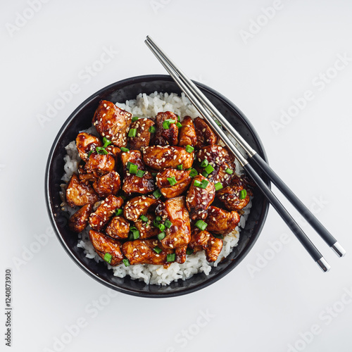 delicious juicy Japanese teriyaki chicken on rice on a white background